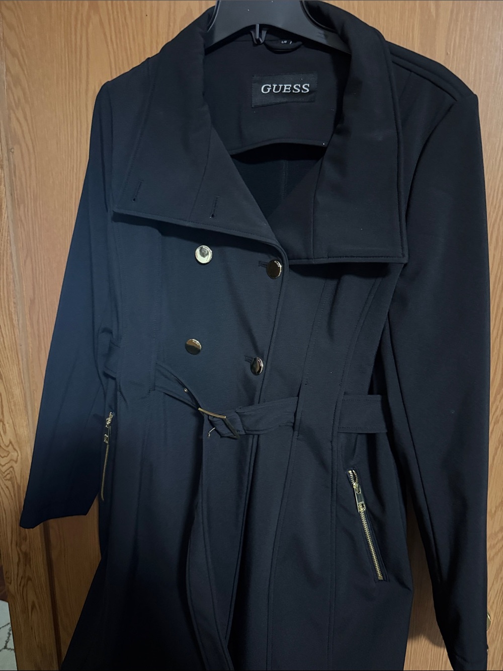 GUESS Black Double-Breasted Trench Coat with Gold Hardware